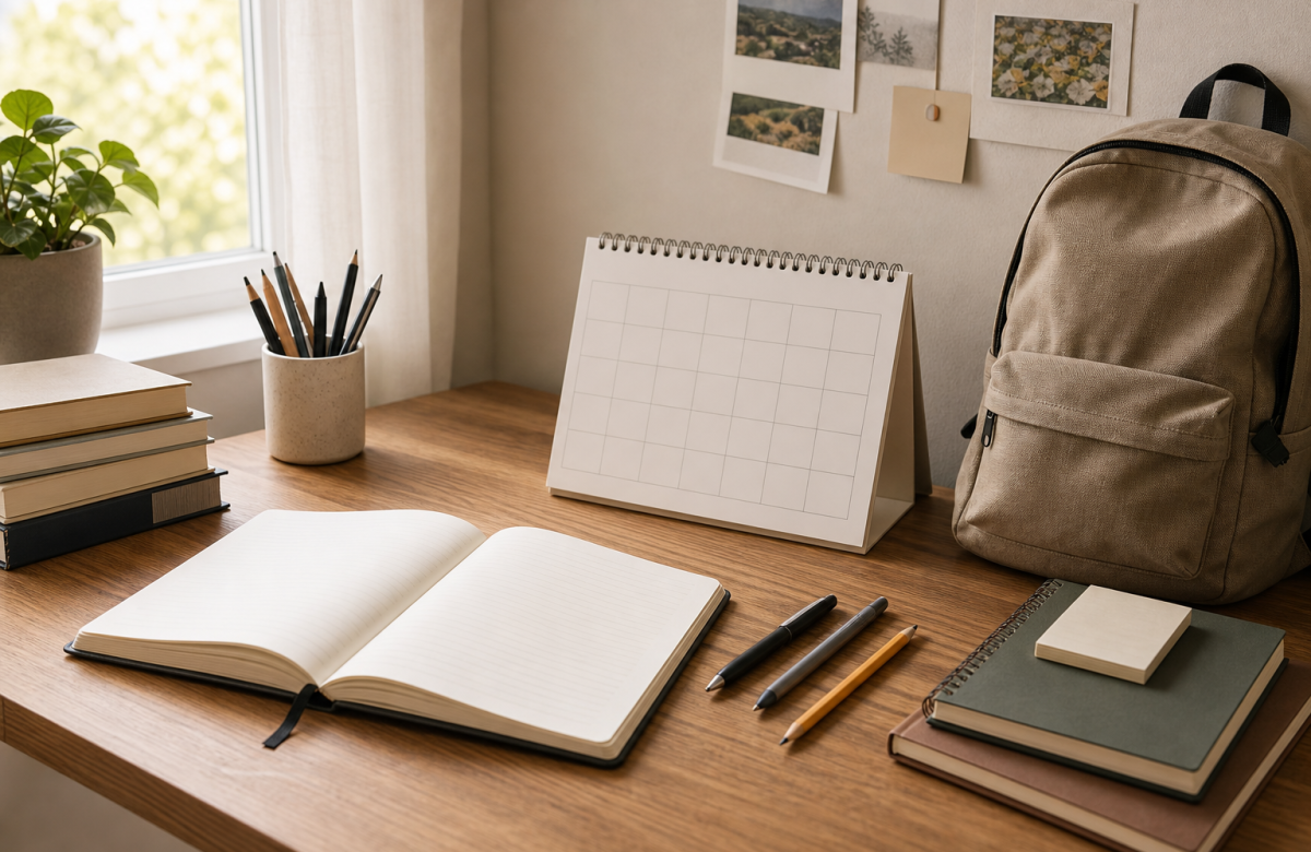 Scrivania ordinata con quaderno e calendario per preparare la maturità 2026