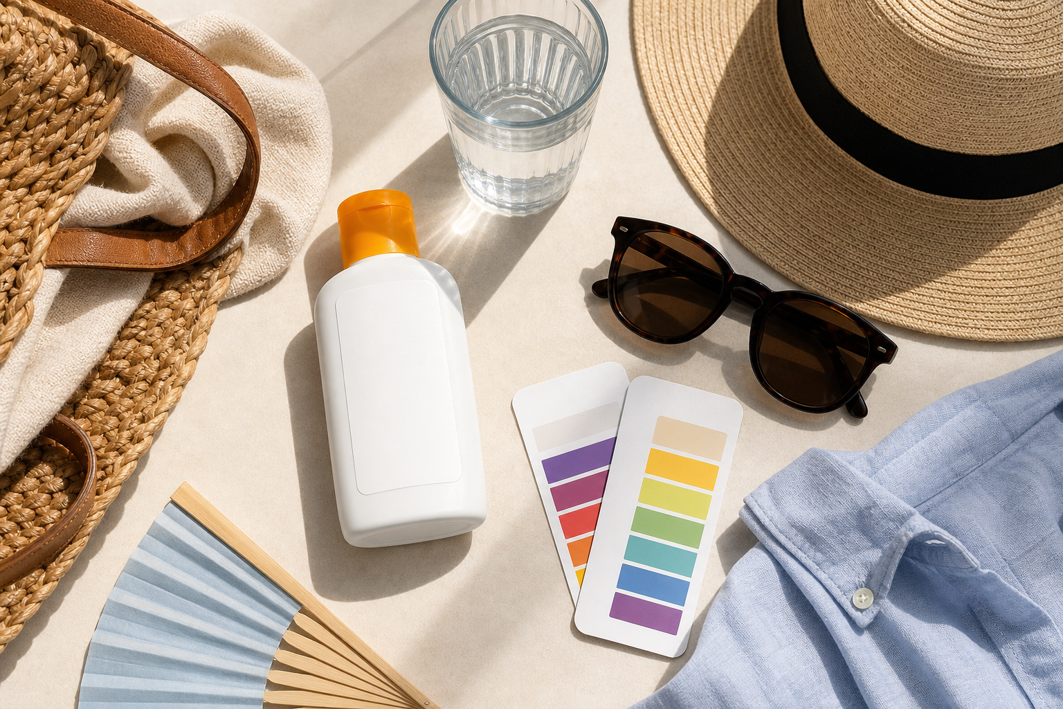 Oggetti per proteggersi dal sole con crema, cappello e occhiali