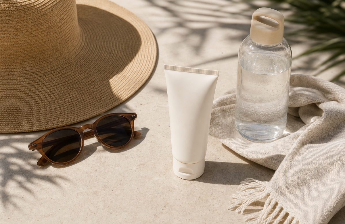Crema solare senza marchio, cappello e occhiali da sole