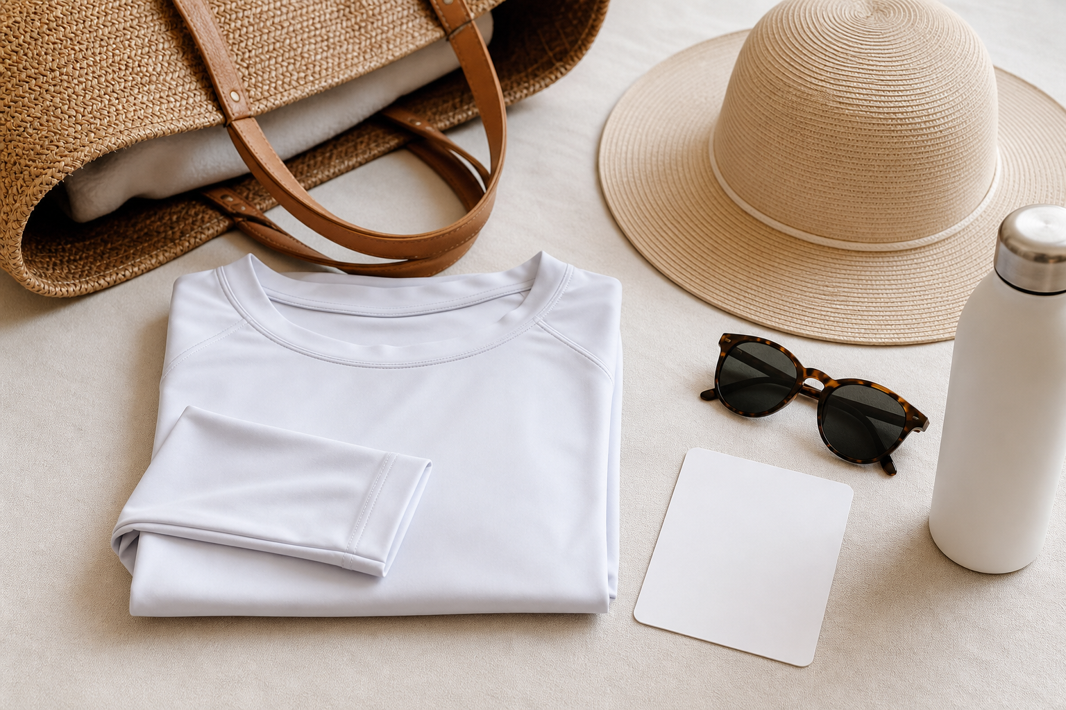 Maglia chiara a maniche lunghe con cappello e occhiali da sole