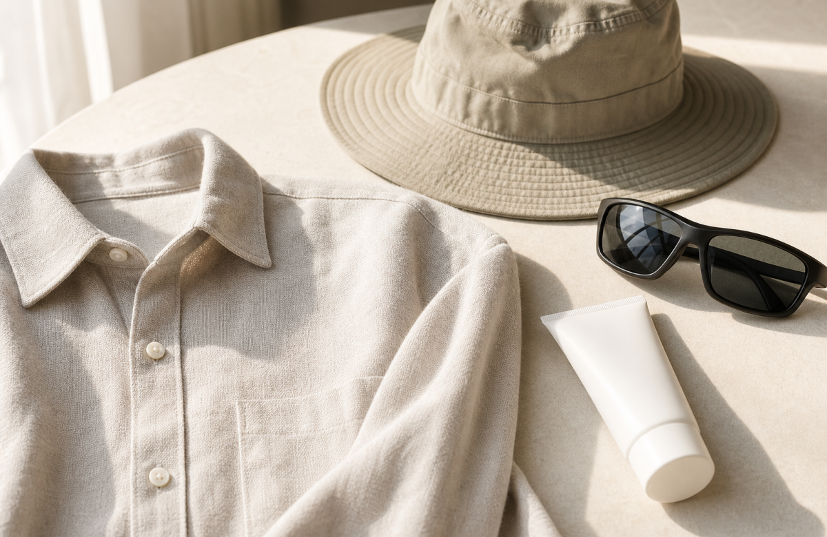 Camicia chiara, cappello e occhiali per proteggersi dal sole