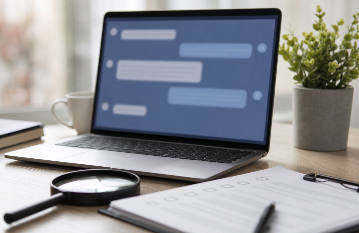 Schermo generico con chat sfocata e checklist, immagine illustrativa AI
