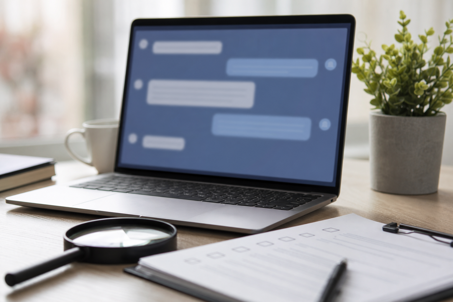 Schermo generico con chat sfocata e checklist, immagine illustrativa AI