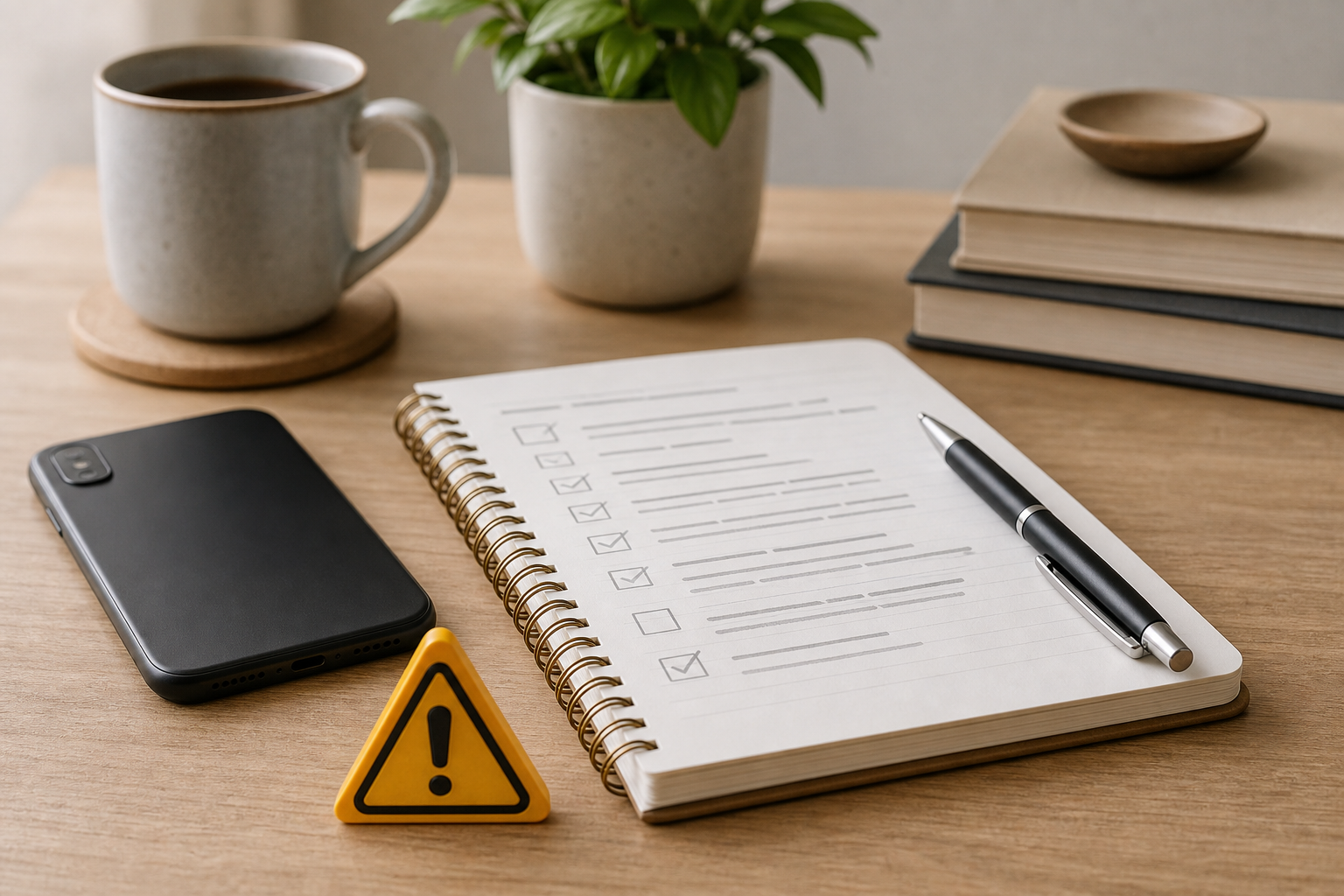 Notebook con checklist e telefono generico per verificare risposte AI