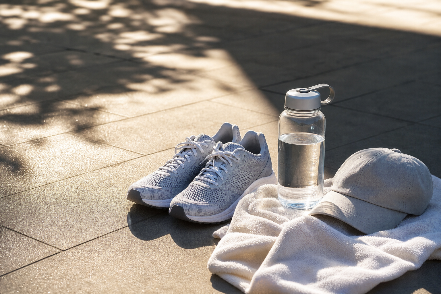 Scarpe e borraccia per allenarsi all’aperto con il caldo