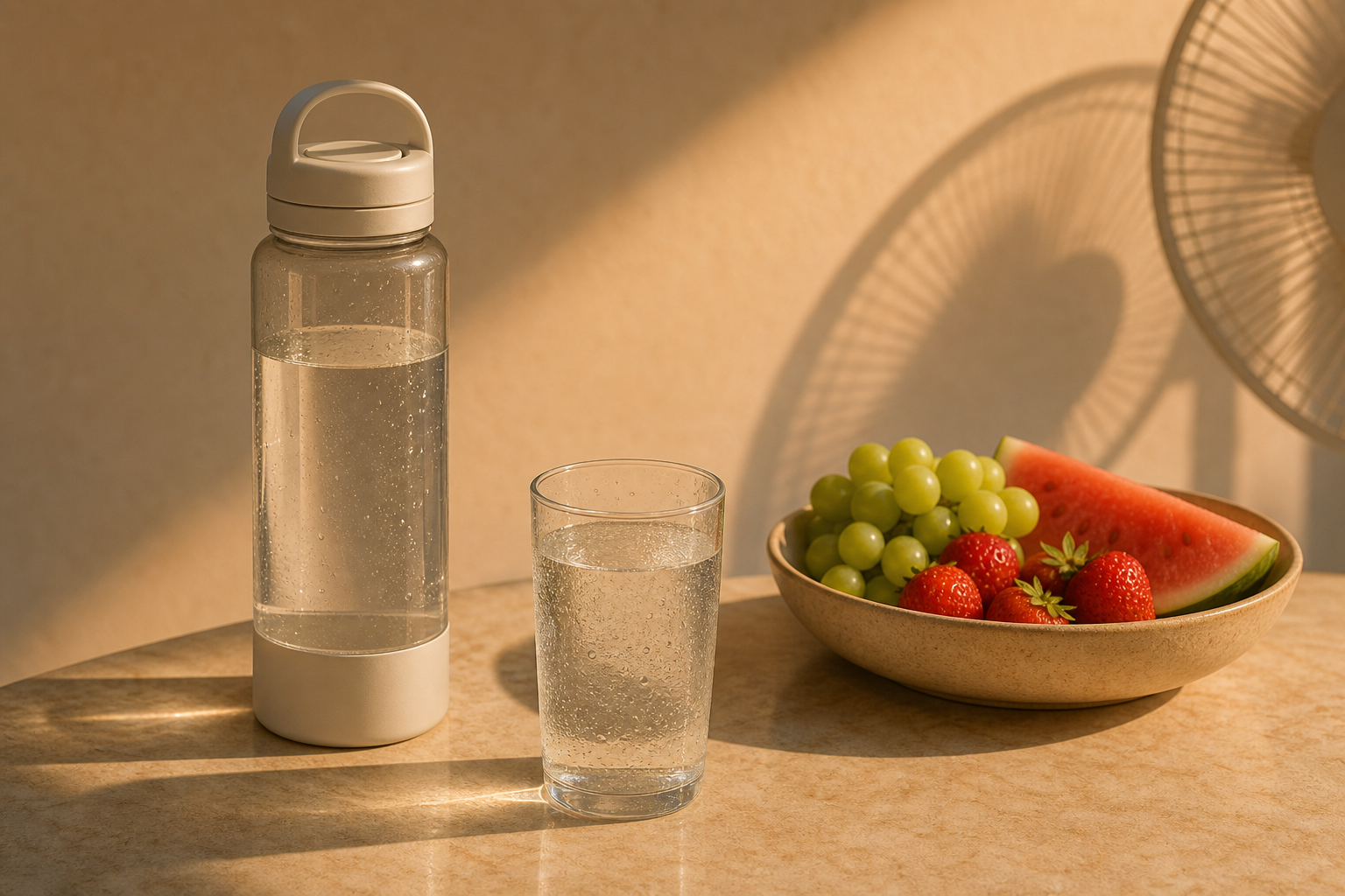 Borraccia acqua e frutta per idratarsi durante una serata calda