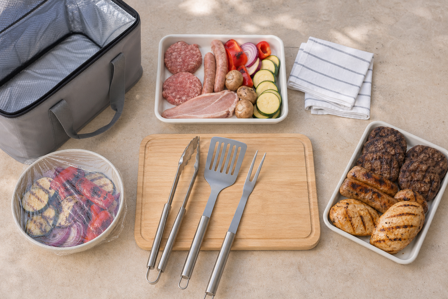 Utensili separati e alimenti per grigliata sicura