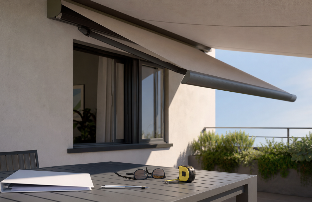 Balcone domestico generico con tenda da sole e documenti di controllo