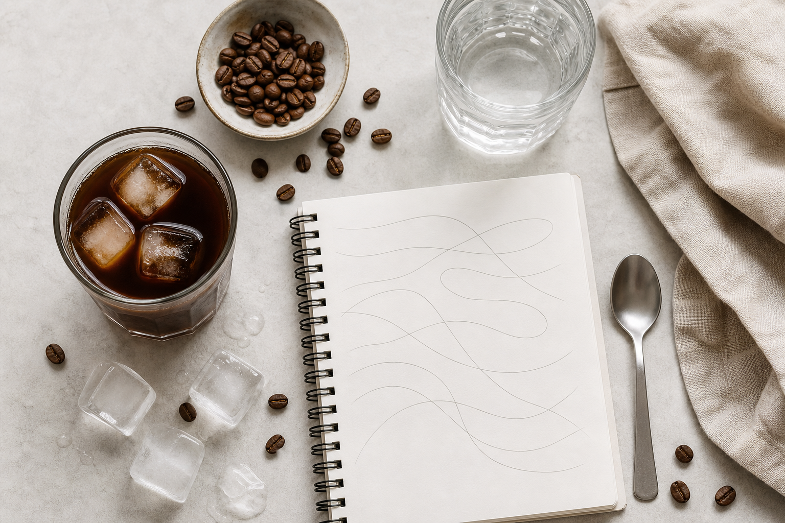 Caffè freddo con ghiaccio, acqua e quaderno neutro