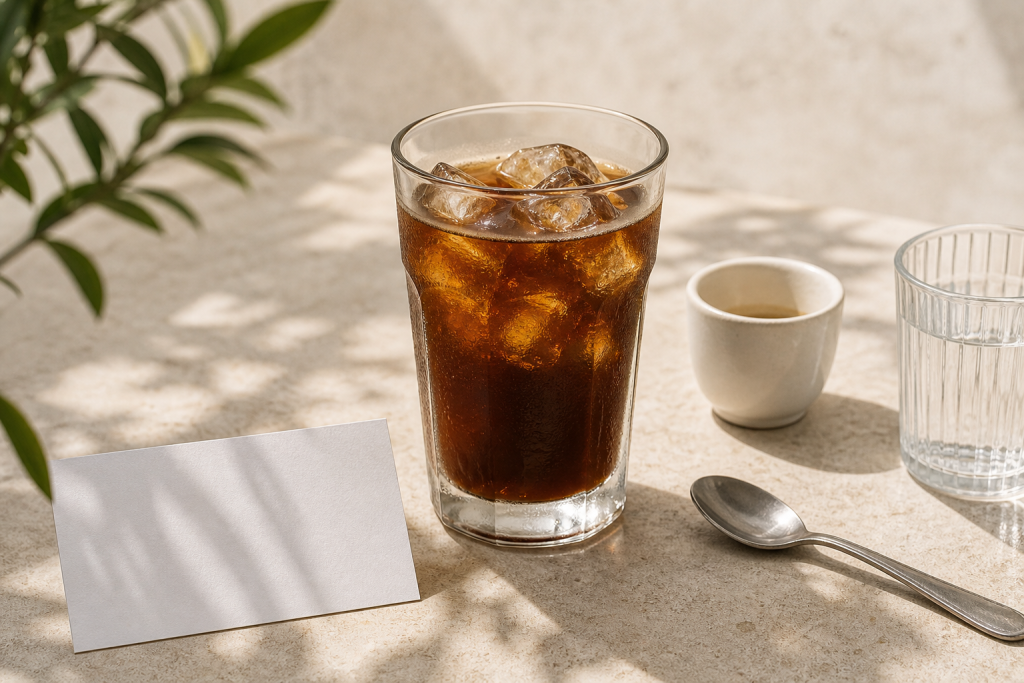 Caffè freddo con ghiaccio e acqua su un tavolo estivo