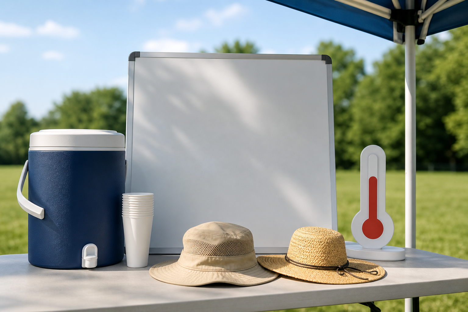 Bacheca vuota borraccia cappelli e ombra per organizzare attività estive con il caldo