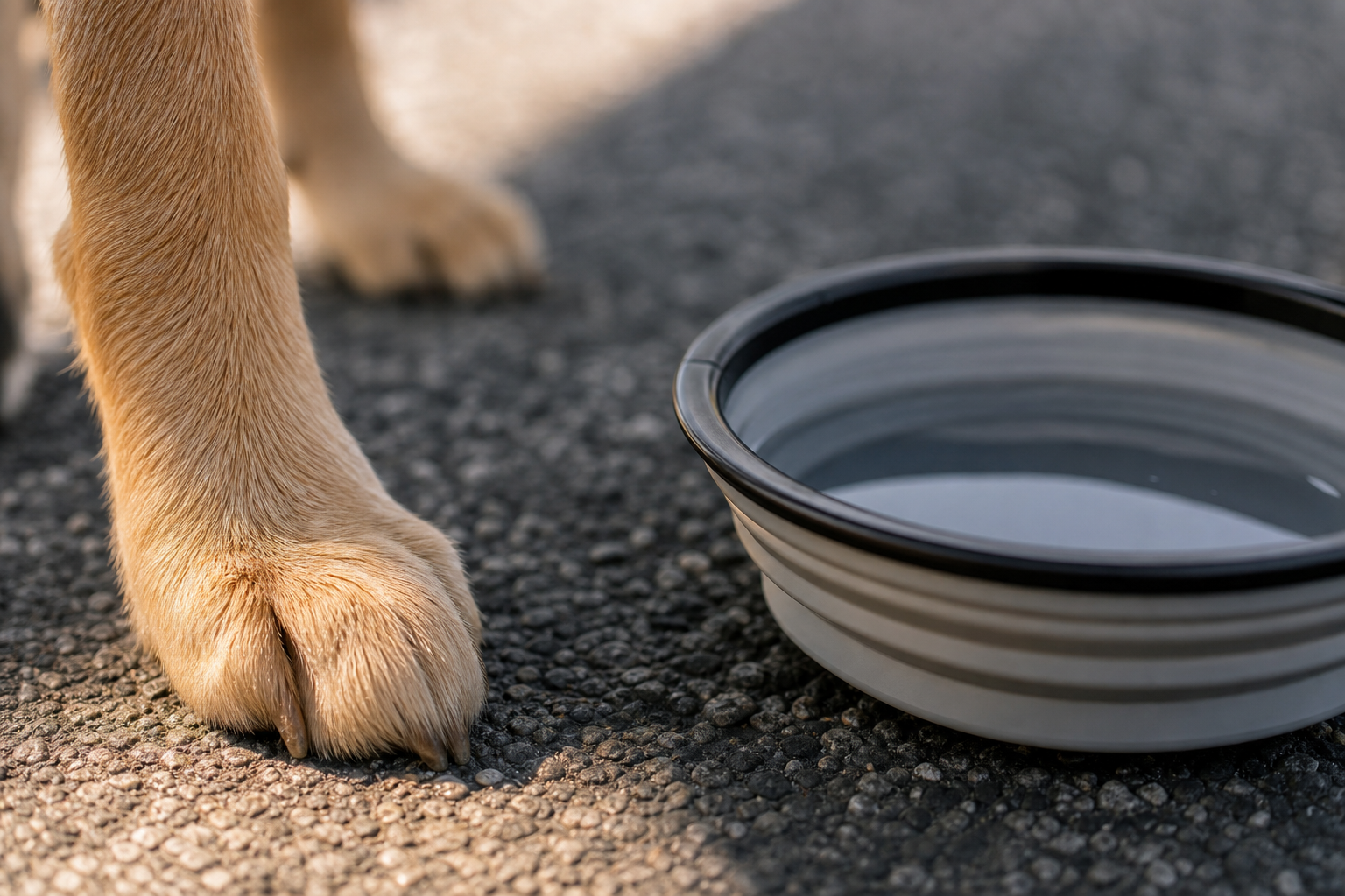 Zampa di cane vicino a una ciotola d'acqua su asfalto estivo