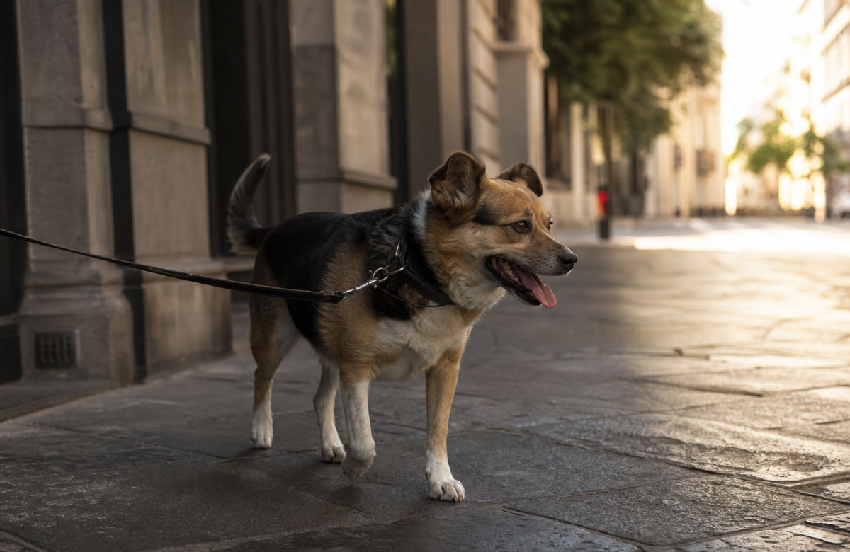 Cane al guinzaglio su marciapiede estivo in zona ombreggiata