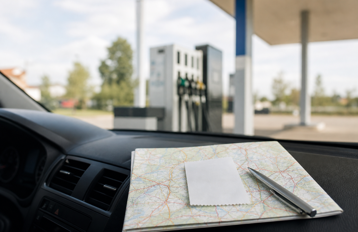 Rifornimento e mappa di viaggio, immagine illustrativa generica sui prezzi carburanti