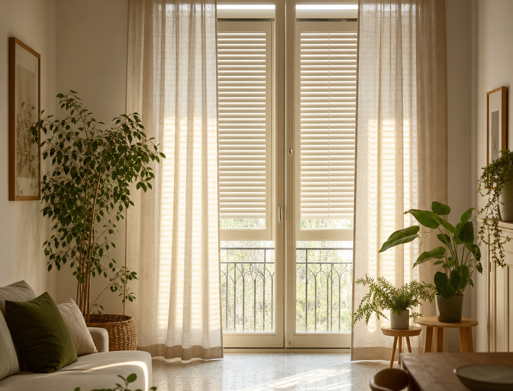 Finestre schermate dal sole in una casa estiva illustrativa