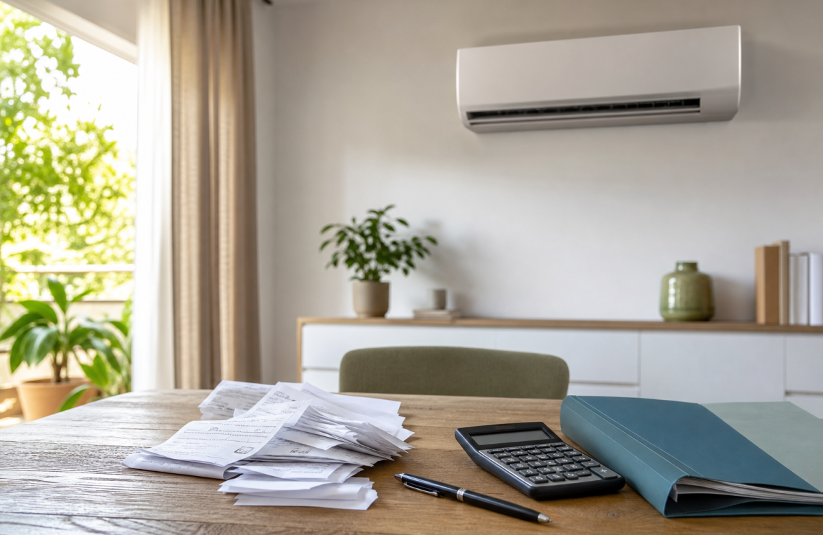 Climatizzatore in casa con documenti e calcolatrice, immagine illustrativa