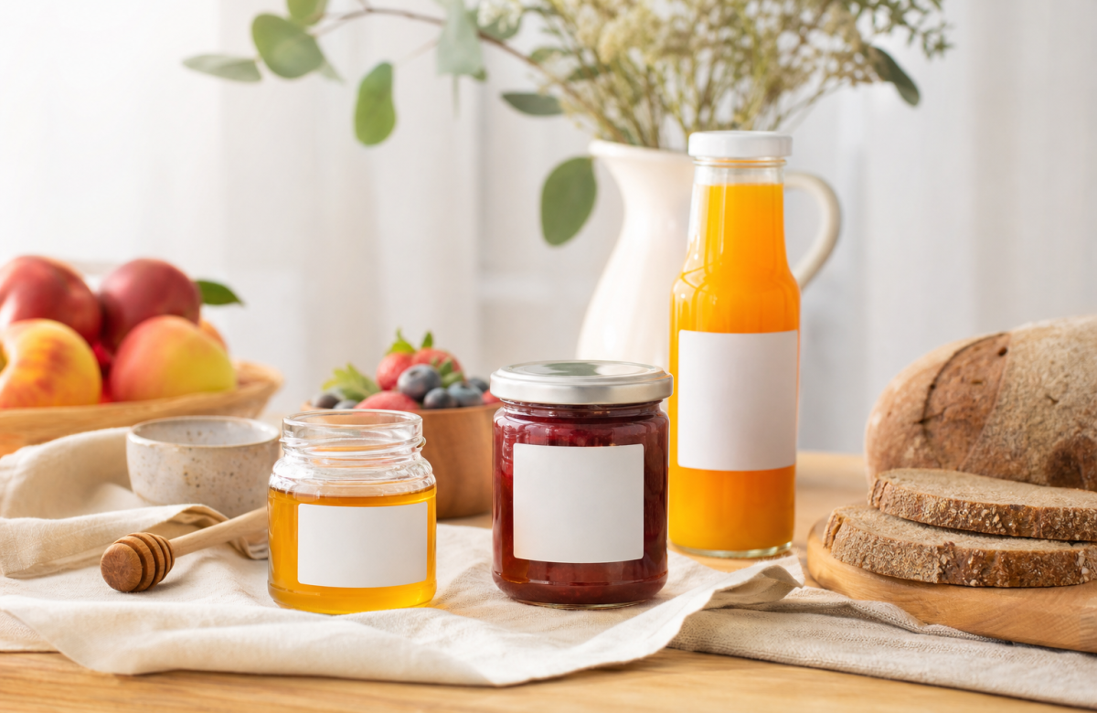 Tavolo da colazione generico con miele, confettura e succo senza marchi