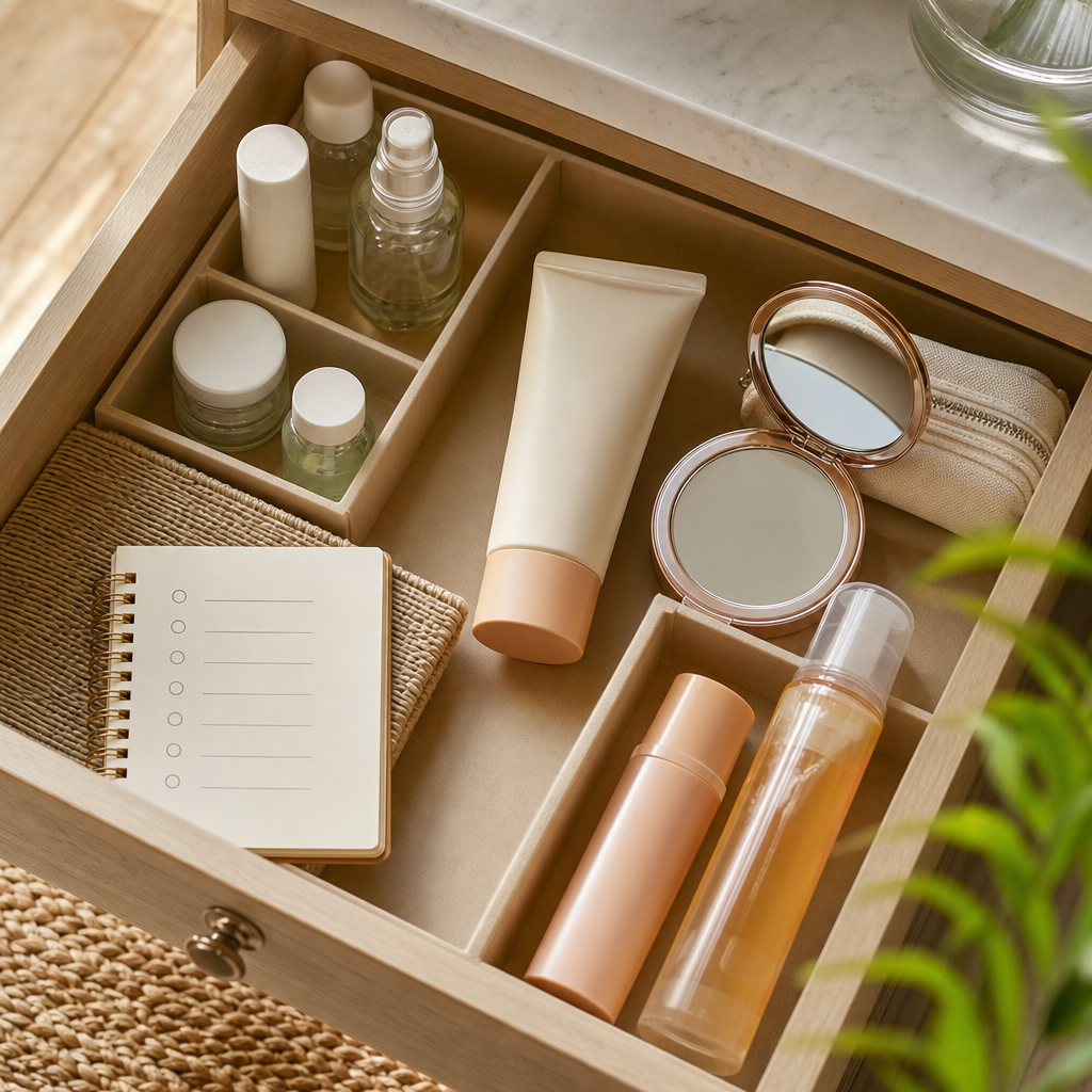 Organizer con cosmetici generici e checklist senza testo leggibile