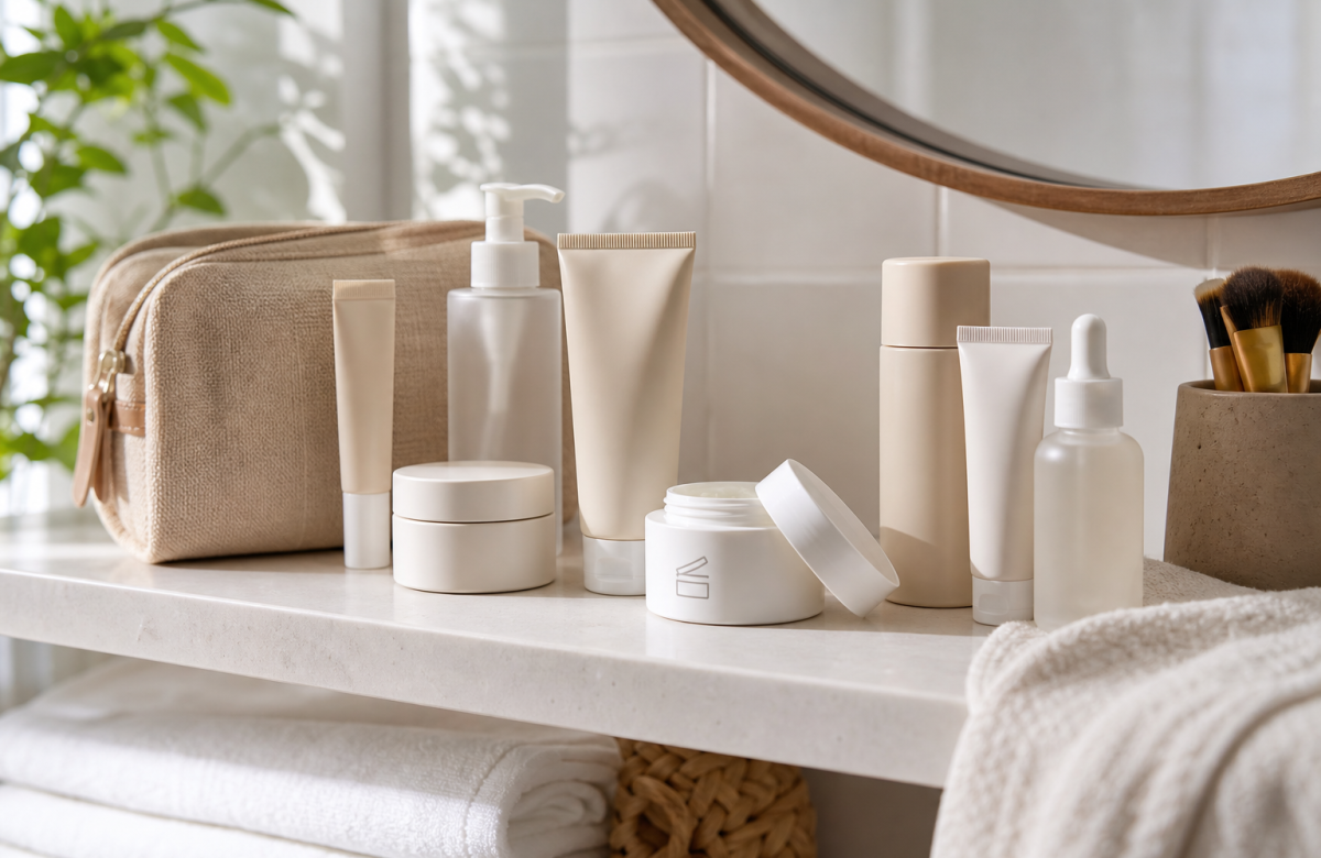 Beauty case estivo con cosmetici generici senza marchi
