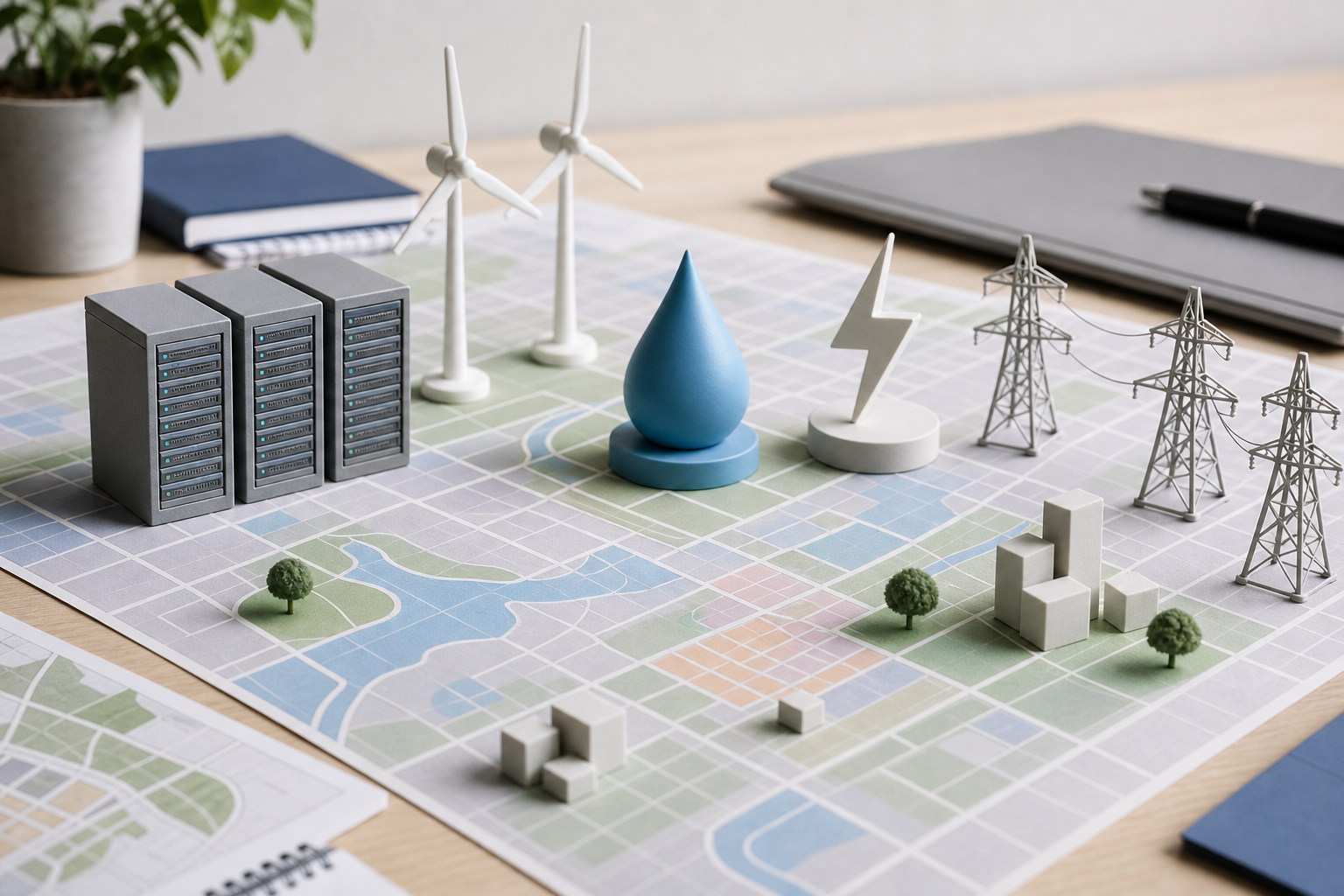 Modello illustrativo di infrastrutture digitali, acqua ed energia su una mappa urbana astratta