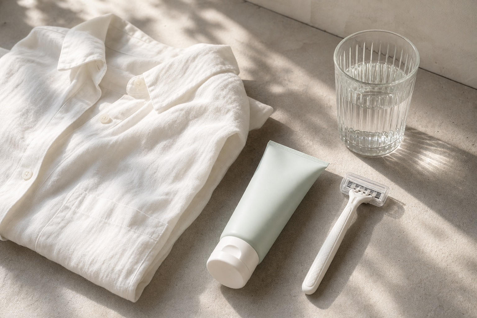 Camicia in cotone, rasoio coperto e crema anonima per cura della pelle