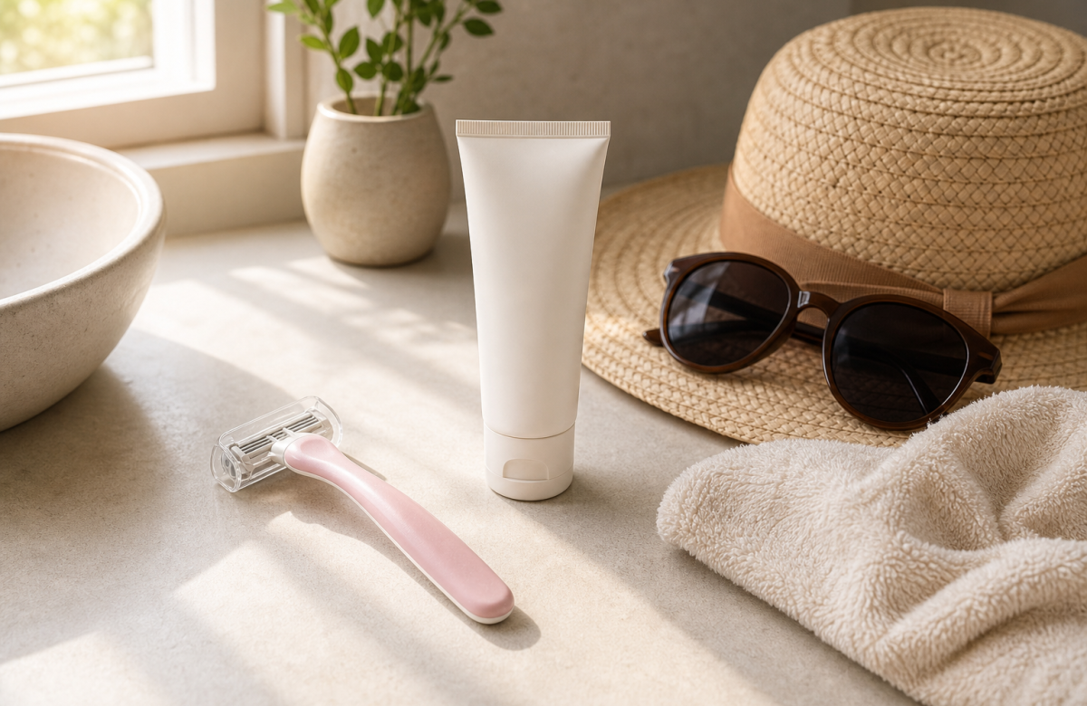Rasoio anonimo, crema senza etichetta e accessori estivi in bagno