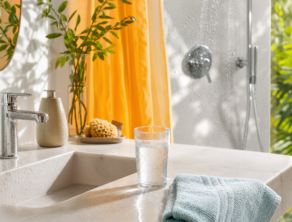 Bagno neutro con asciugamano e gocce d acqua per un articolo sul caldo