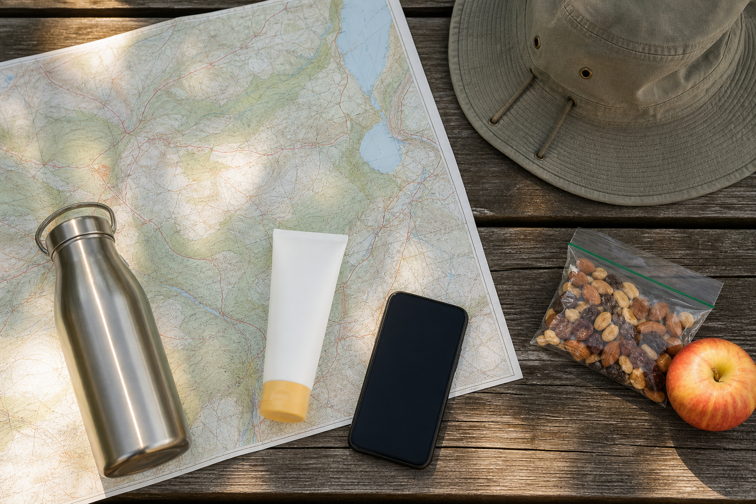 Mappa borraccia cappello e telefono per preparare una gita estiva