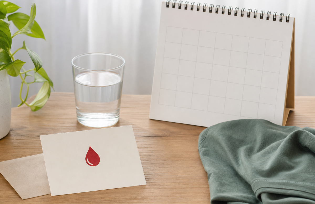 Calendario, acqua e simbolo generico della donazione di sangue