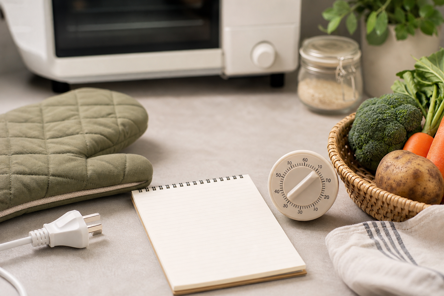 Timer, quaderno e oggetti da cucina per organizzare cotture brevi