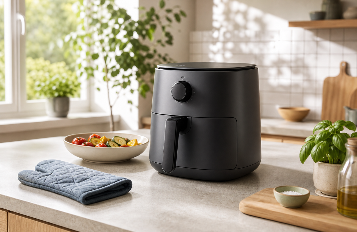 Friggitrice ad aria generica su un piano cucina luminoso