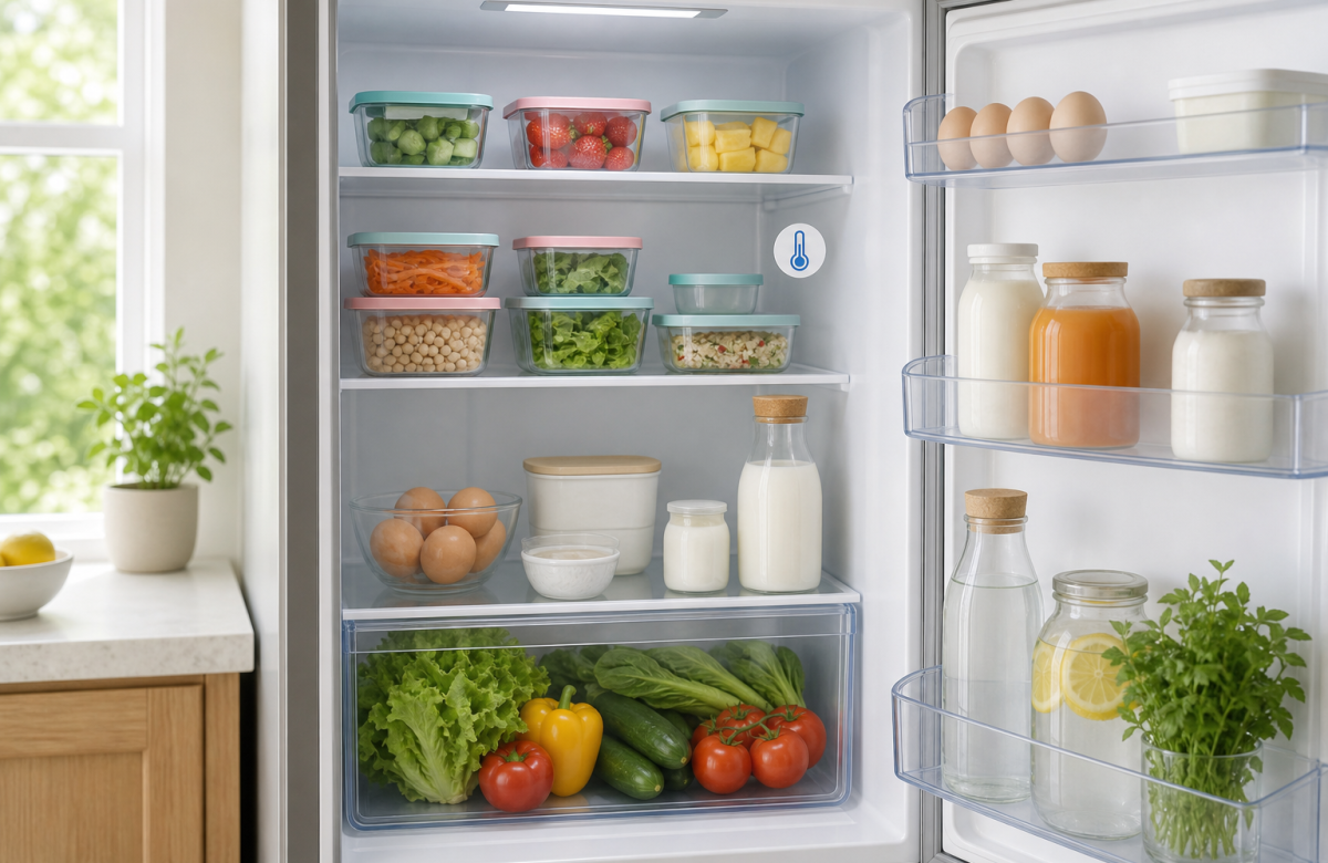 Frigorifero ordinato con alimenti conservati in contenitori