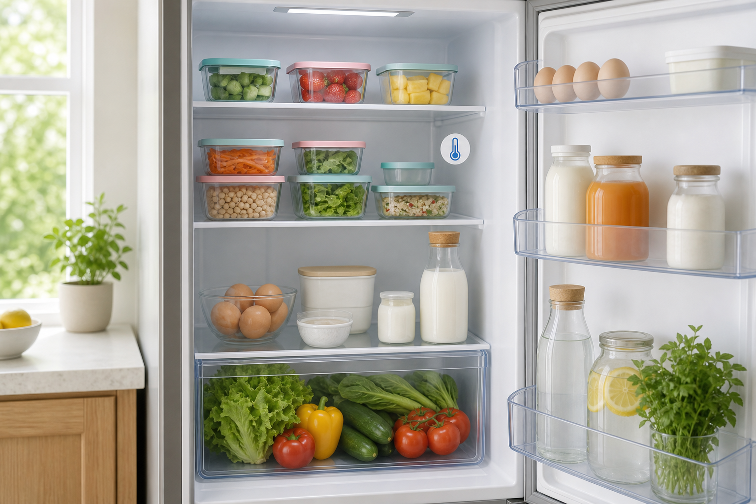 Frigorifero ordinato con alimenti conservati in contenitori