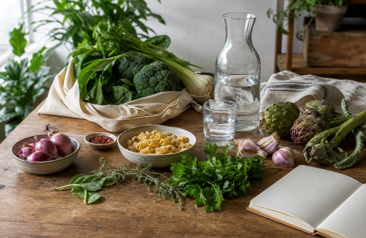 Ingredienti stagionali su un tavolo da cucina per un articolo sulla gastronomia sostenibile