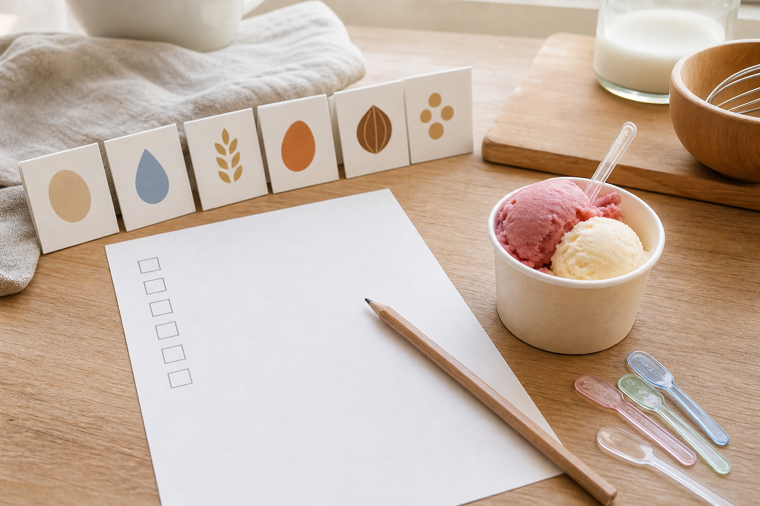 Checklist con coppetta di gelato e simboli ingredienti, immagine illustrativa
