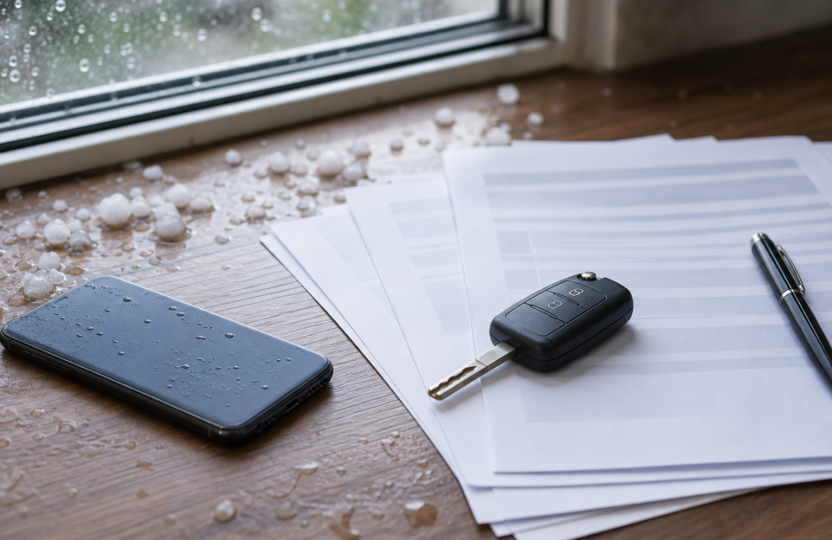 Chiave auto documenti e telefono per controllare la polizza dopo la grandine