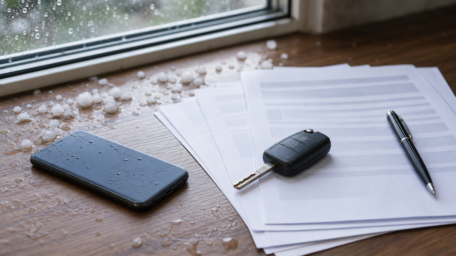 Chiave auto documenti e telefono per controllare la polizza dopo la grandine