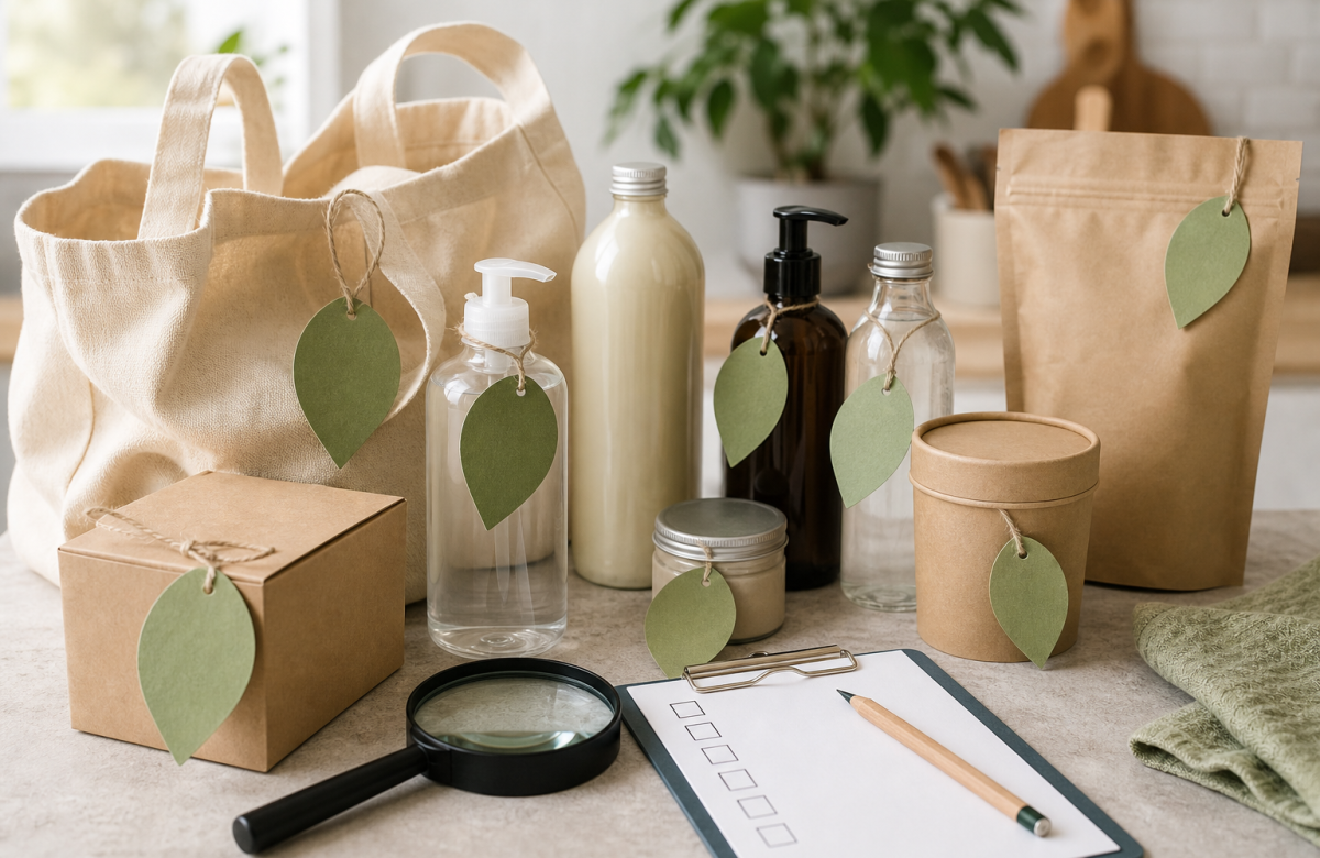 Etichette ambientali generiche con lente e checklist