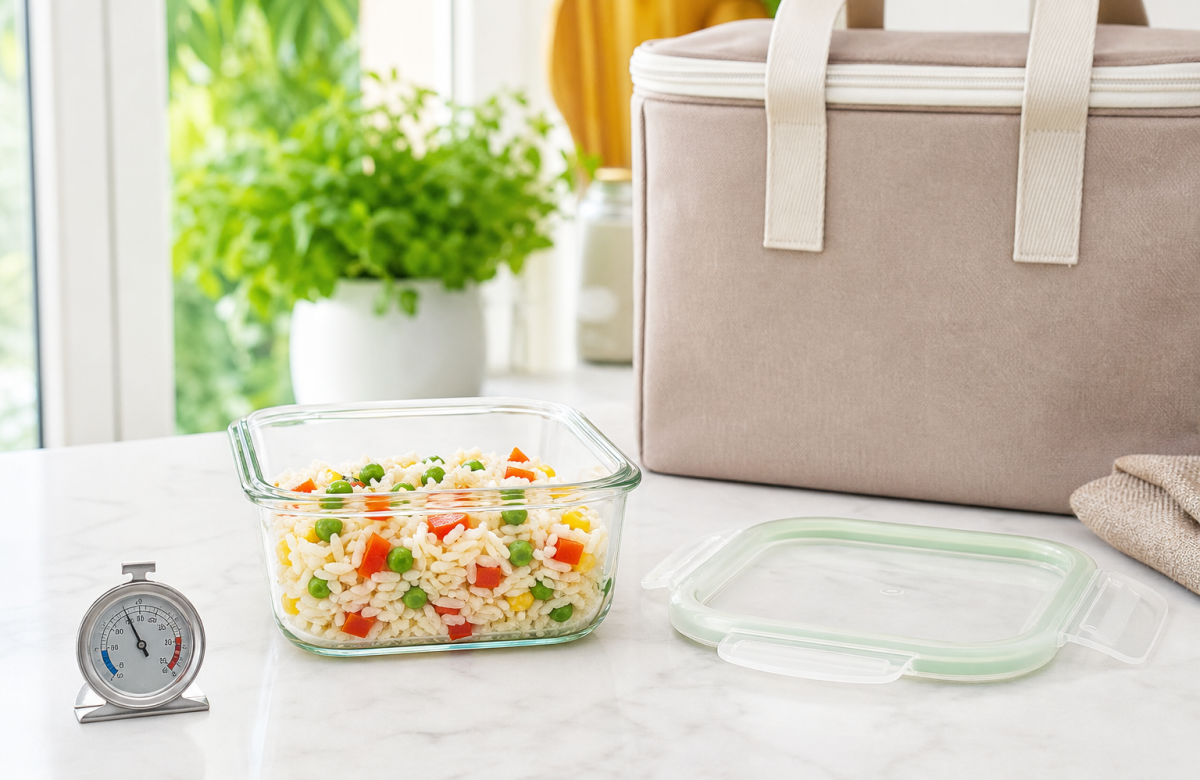 Insalata di riso in contenitore con borsa termica e termometro