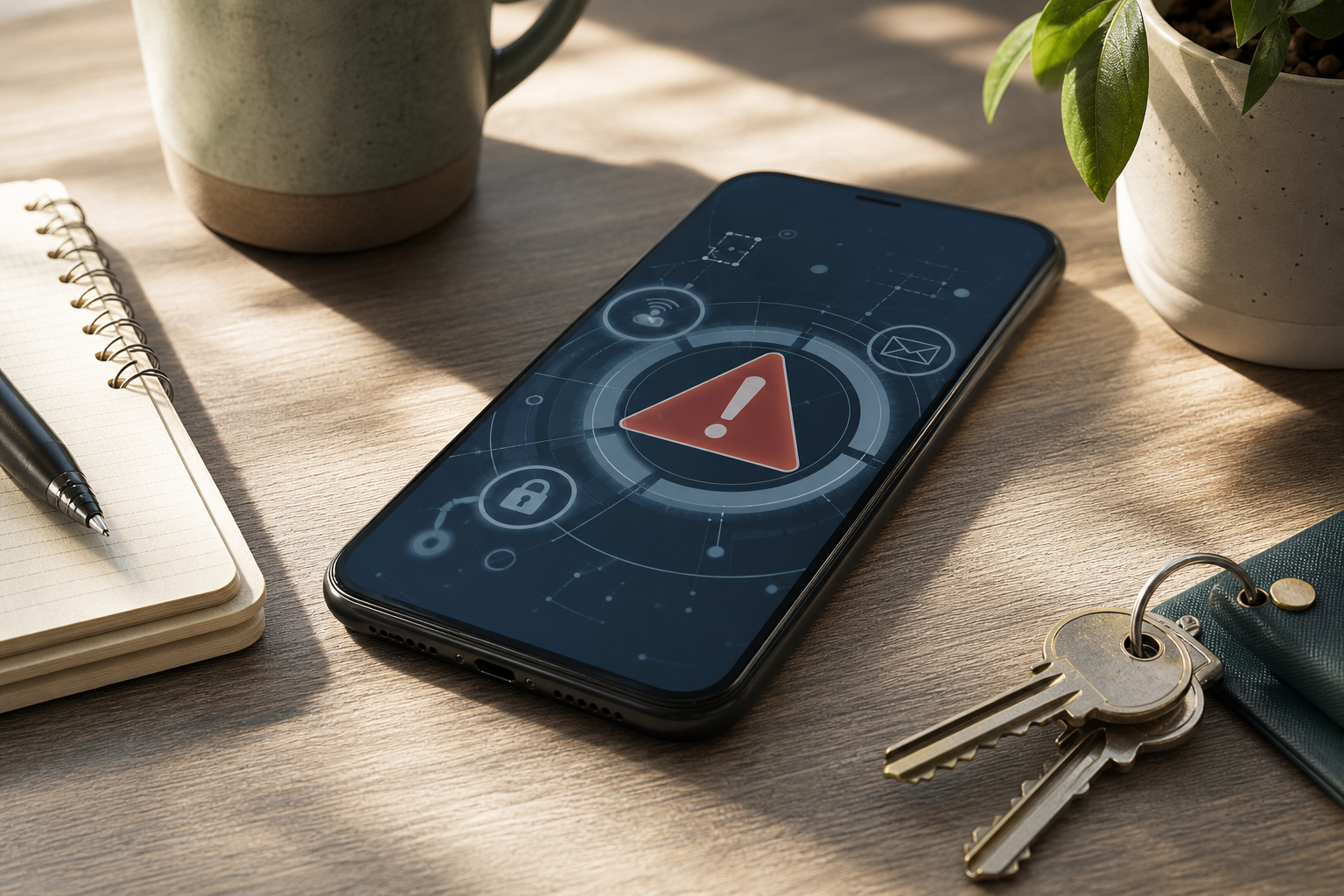 Smartphone con simboli astratti di attenzione contro le truffe online