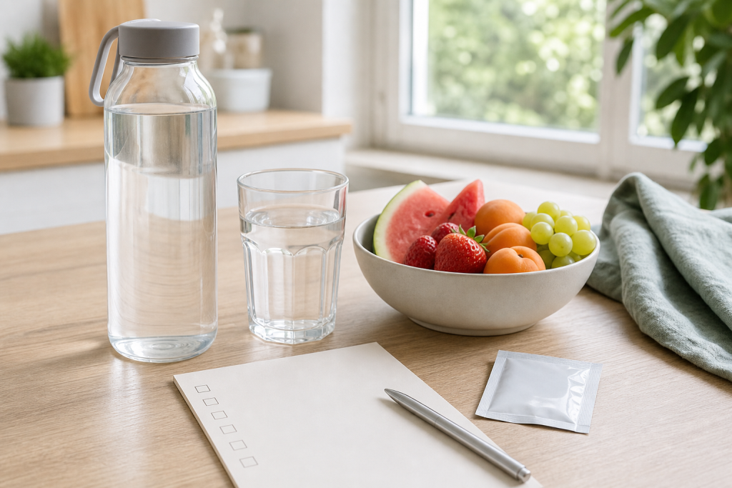 Borraccia acqua e checklist per integratori di sali minerali con il caldo