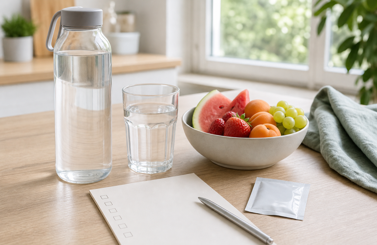 Borraccia, acqua e checklist per integratori di sali minerali con il caldo