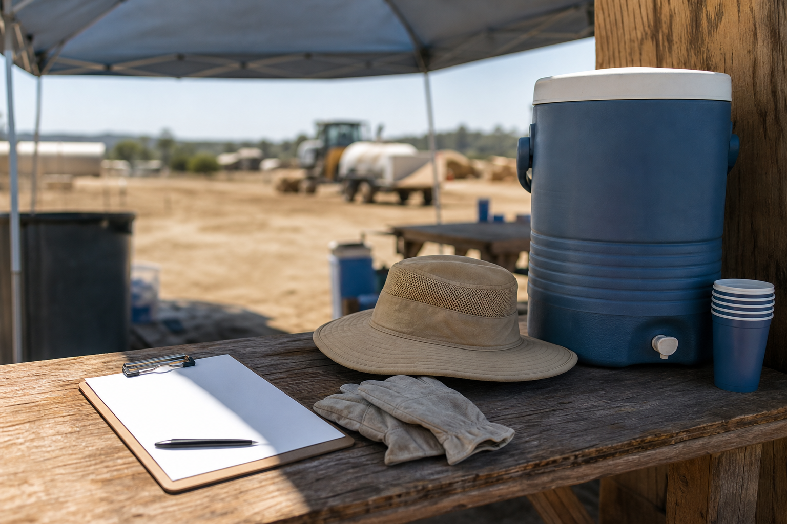 Acqua, cappello e clipboard in una pausa generica all ombra durante il caldo