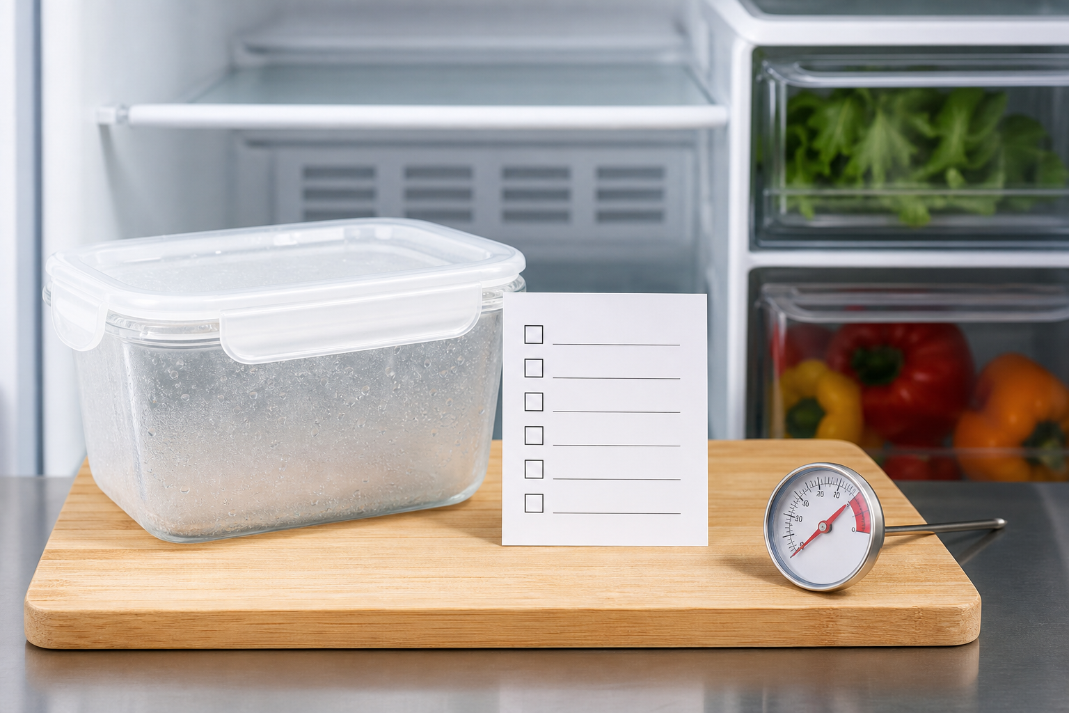 Checklist anonima contenitore e termometro da cucina per sicurezza alimentare