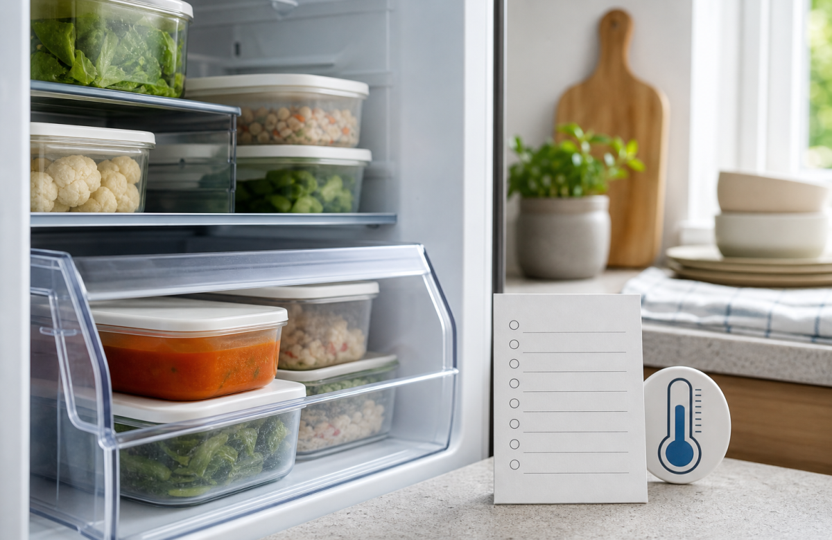 Frigorifero con contenitori anonimi e checklist per un articolo sui richiami Listeria