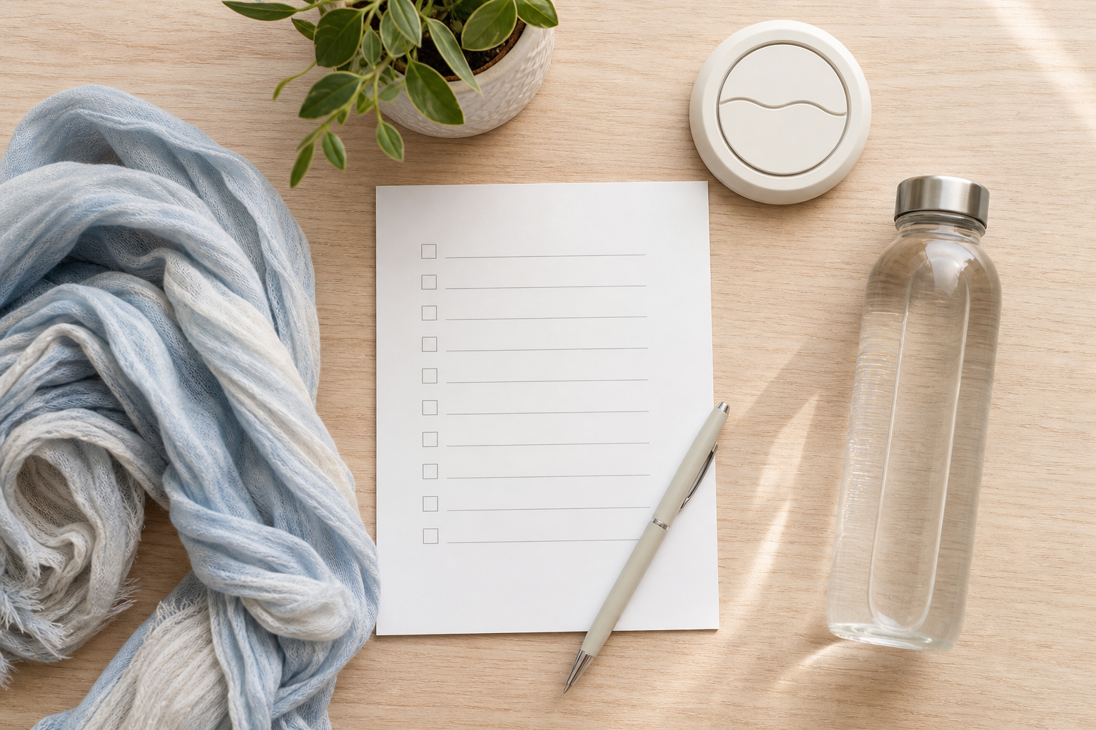 Checklist vuota acqua e sciarpa per un articolo su menopausa e lavoro
