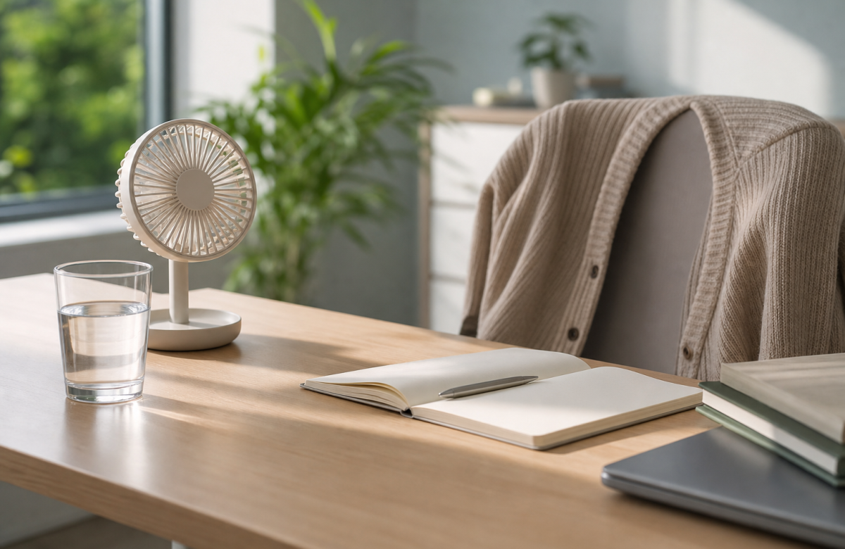 Scrivania anonima con acqua ventilatore e cardigan per un articolo sulla menopausa al lavoro