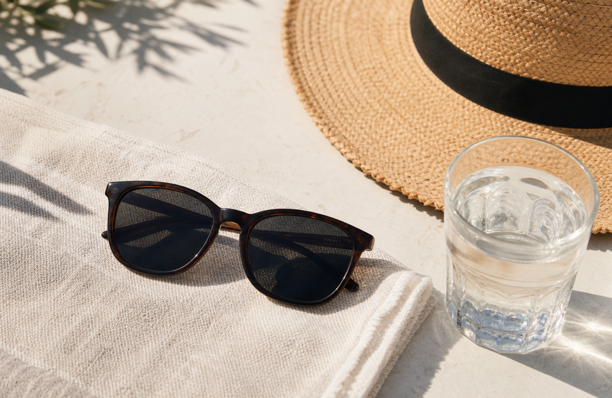 Occhiali da sole generici su telo con cappello e bicchiere d acqua