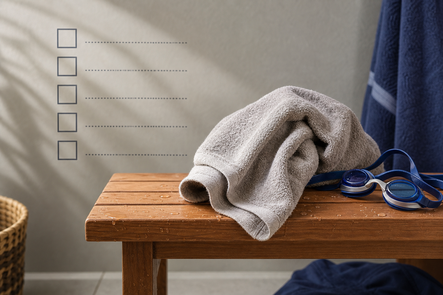 Telo e occhialini con gocce d acqua e checklist generica dopo il bagno