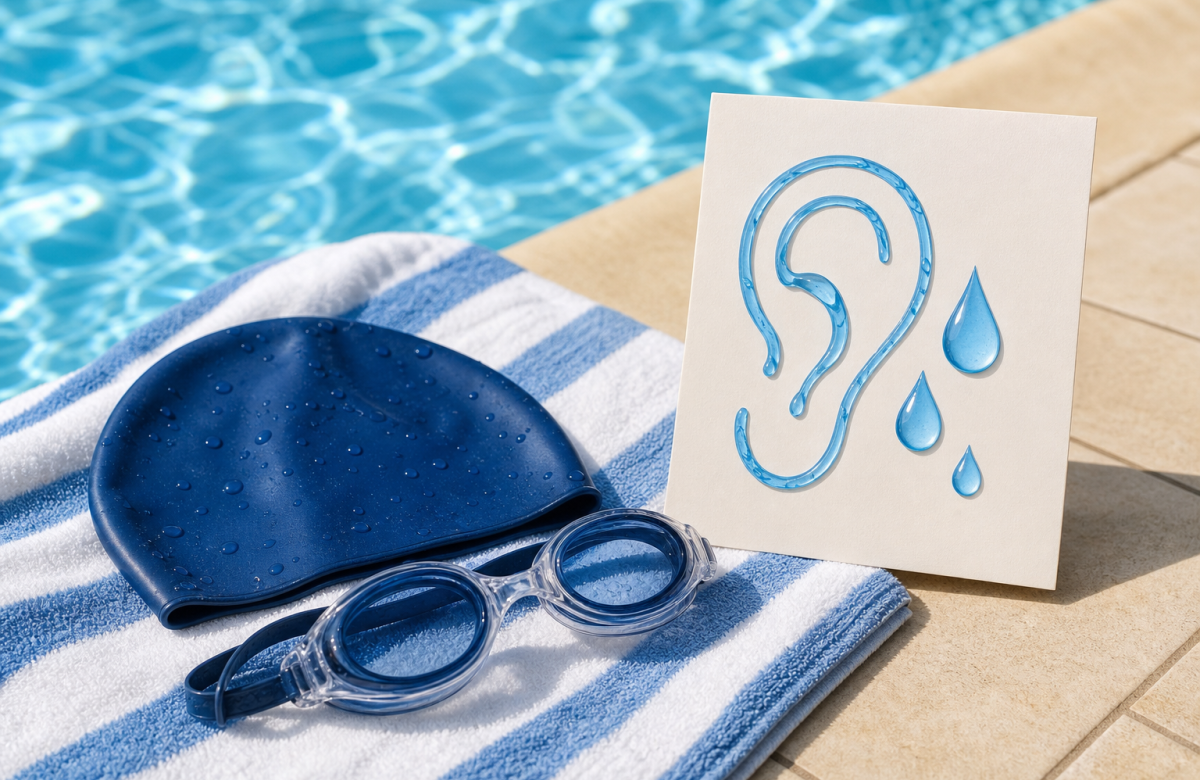 Telo, cuffia e occhialini da piscina con simbolo generico per la cura delle orecchie